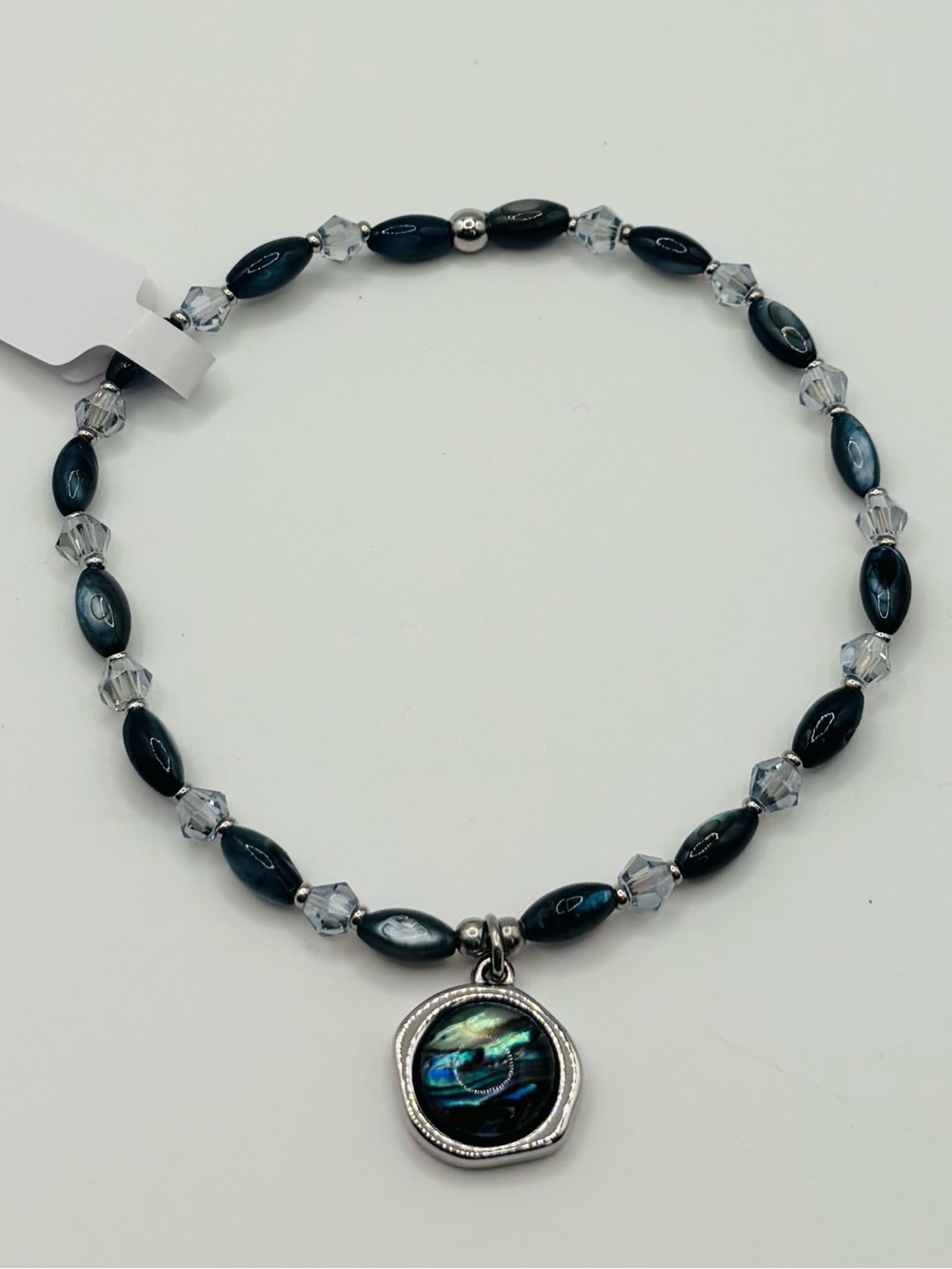 *ANKLET* S. Steel Abalone & Blue Black Shell with Blue Crystal Stretchy Anklet - Picture 3 of 7